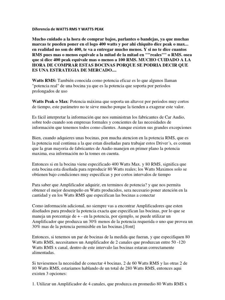 Diferencias entre Watts RMS y Peak | PDF | Altoparlante | Ingeniería de ...