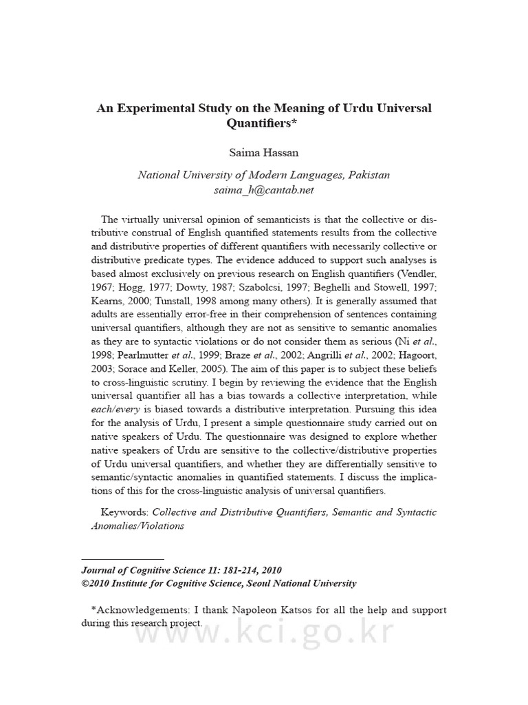 An Experimental Study on the Meaning of Urdu Universal Quantifiers PDF