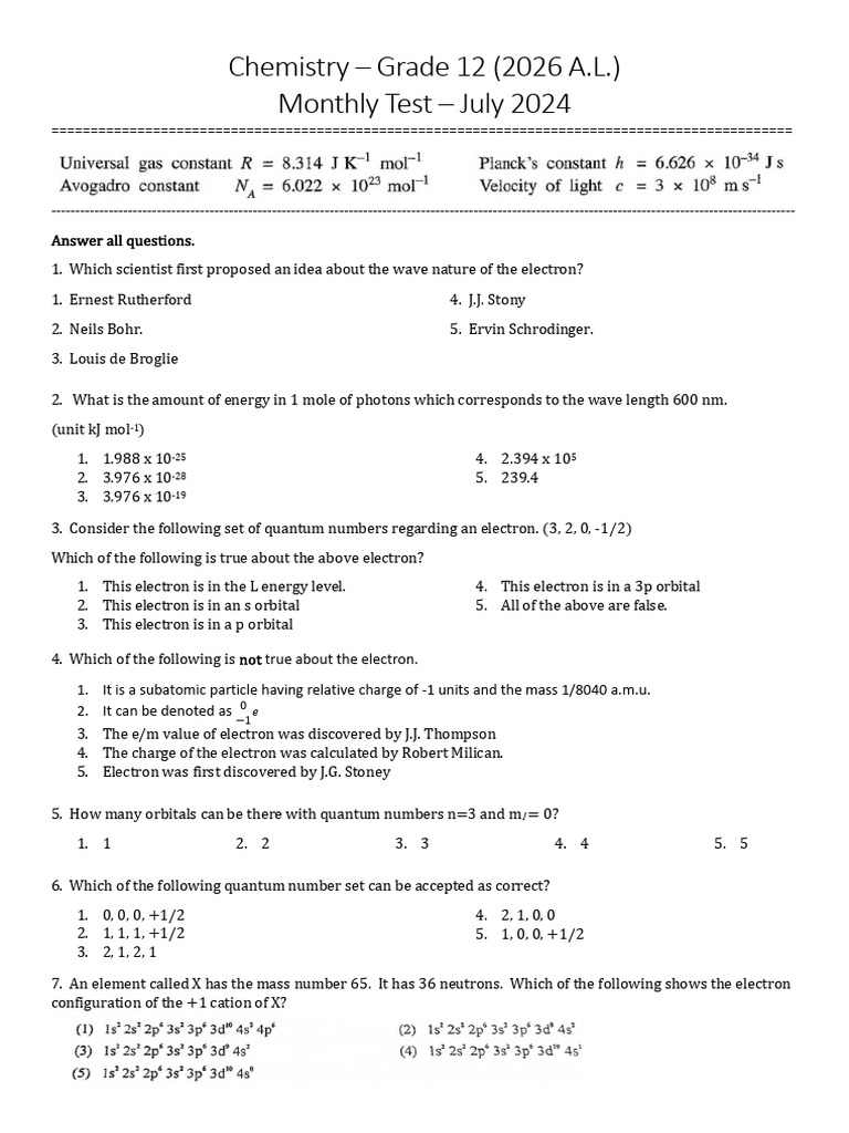 Monthly Test Chemistry 2026 July Pdf