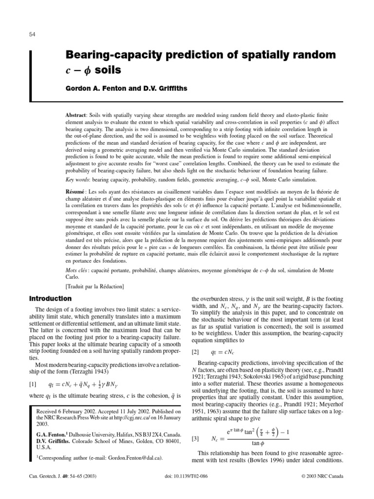 Fenton et al 2003 bearing capacity spatially random c phi soils pdf
