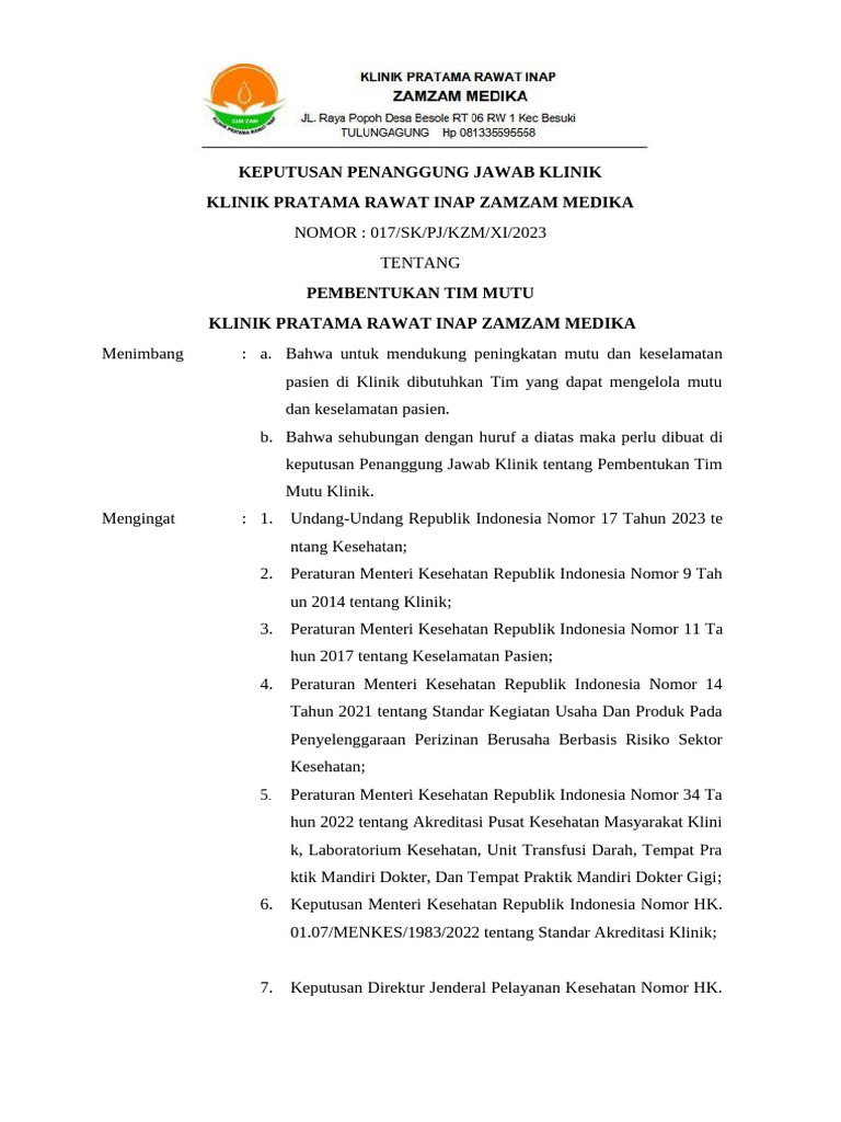 SK Pembentukan Tim Mutu Klinik | PDF