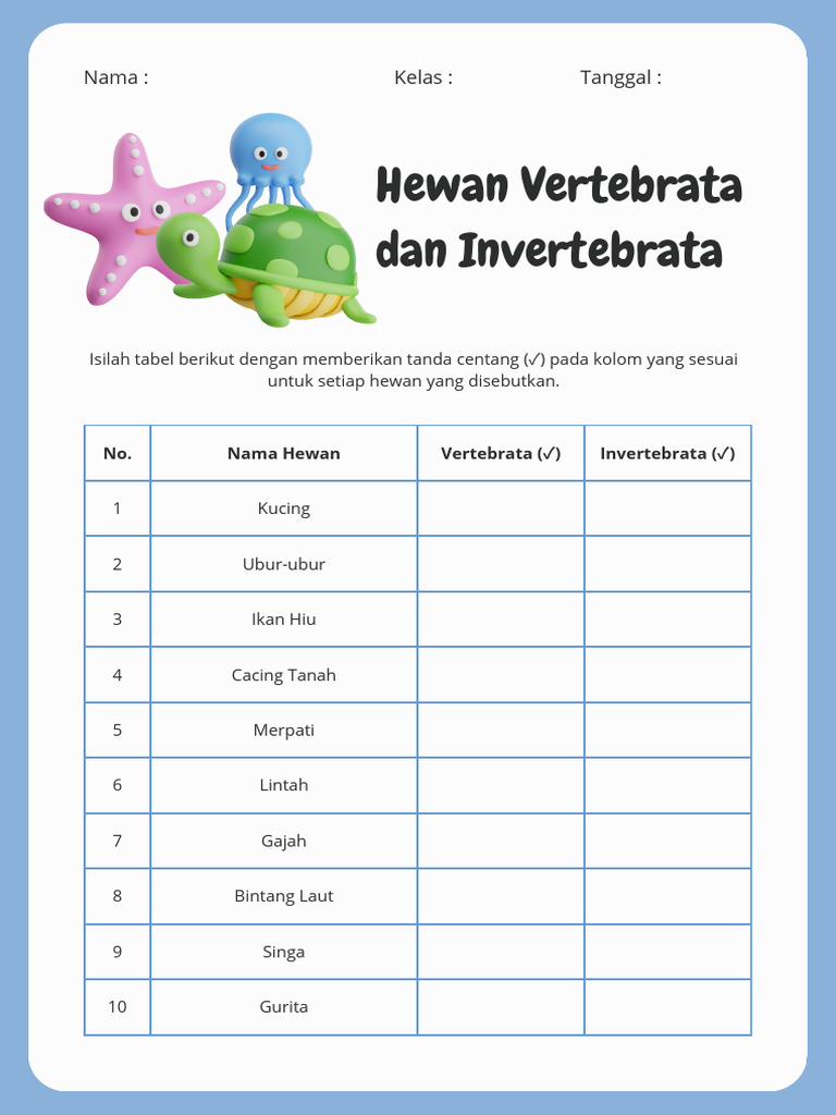 Hewan Vertebrata Dan Invertebrata Lembar Kerja Biru Ilustratif | PDF