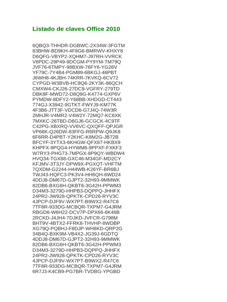 Listado de claves office 2010 pdf