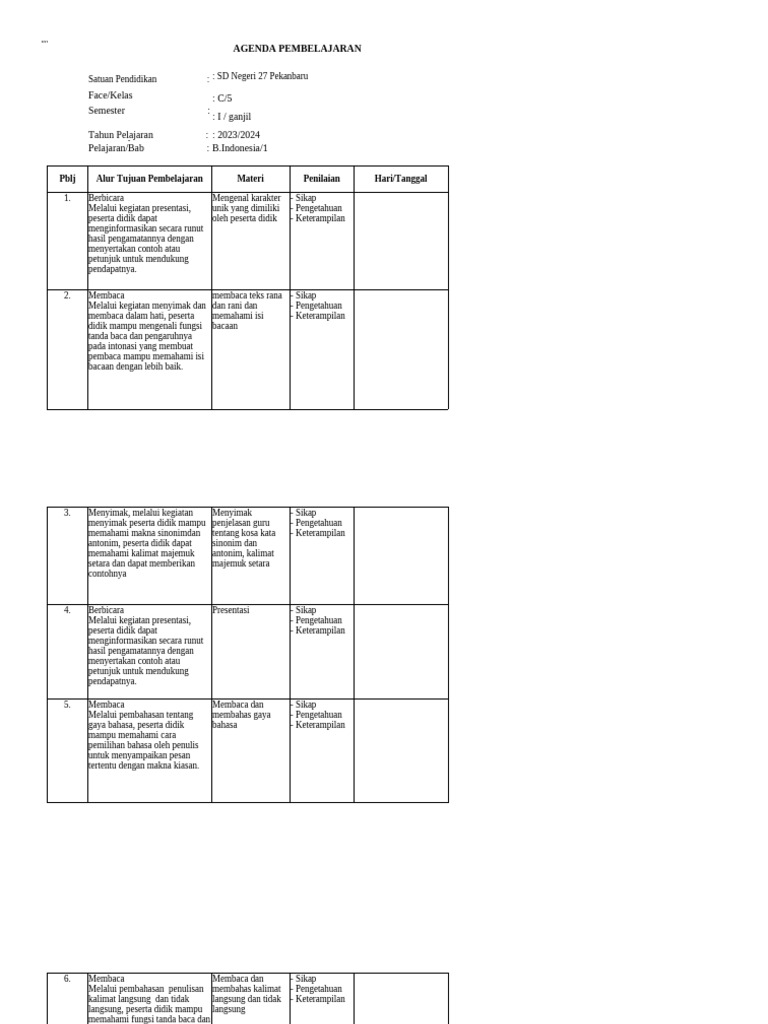 Jurnal Pembelajaran Kelas 5 Smstr 1 Pdf
