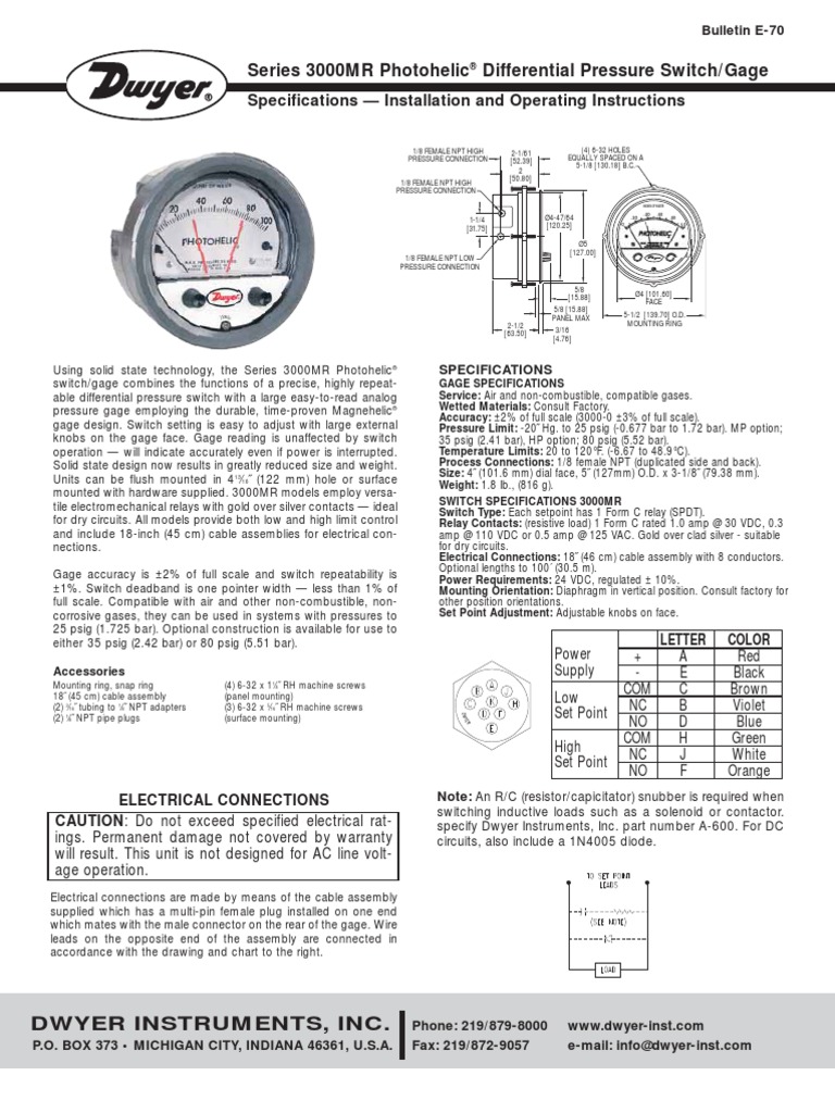 Dwyer Photohelic 3000mr_iom Electrical Connector Switch