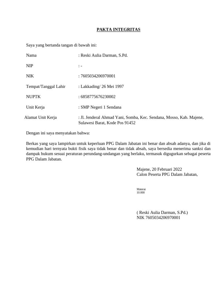 Format Pakta Integritas Ppg Dalam Jabatan Tahun 2022 Pdf