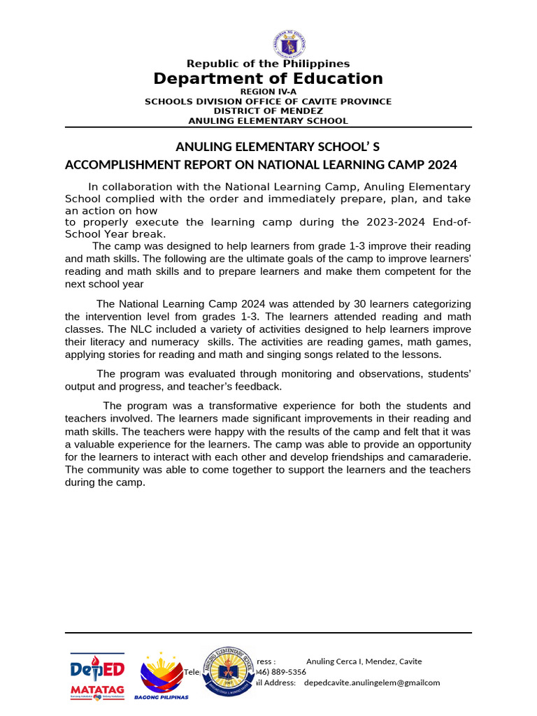 ANULING ES NLC - ACCOMPLISHMENT Report | PDF