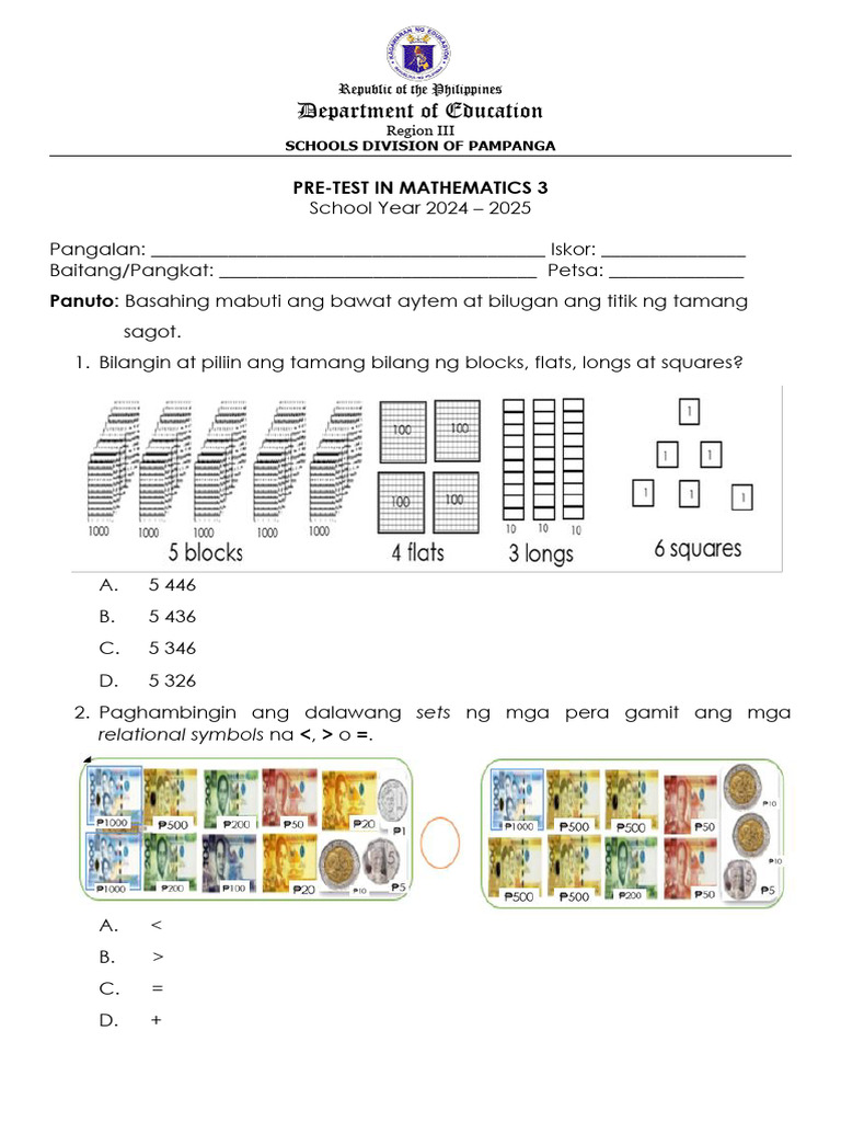 Pre Test in Mathematics 3 Tagalog | PDF