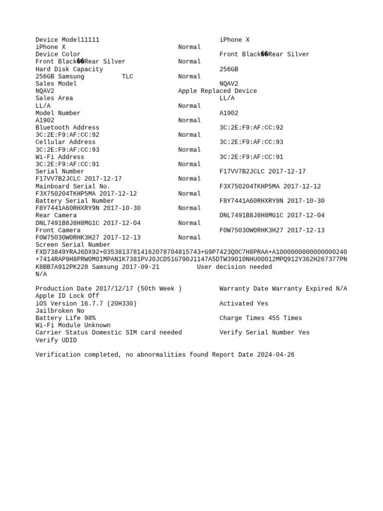 Iphone X - Idevice Verification Report - 000579C200F0402E | PDF
