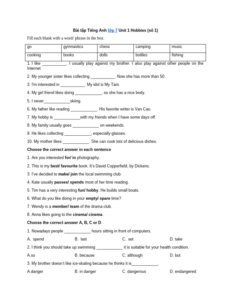 Bai Tap Tieng Anh Lop 7 Unit 1 Hobbies So 1 | PDF
