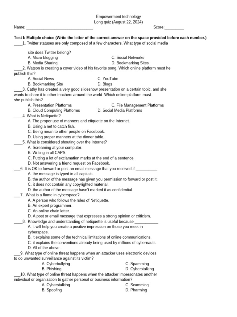 Empowerment Technology Long Quiz Pdf Password Internet