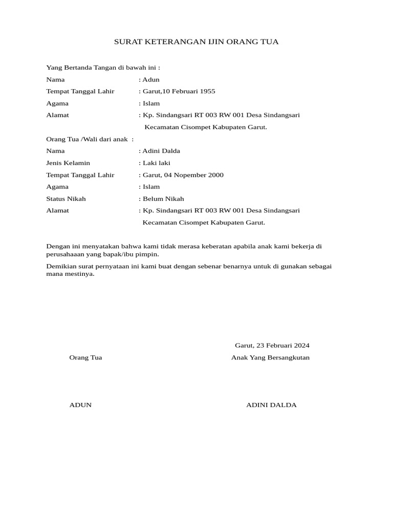 Surat Keterangan Ijin Orang Tua | PDF