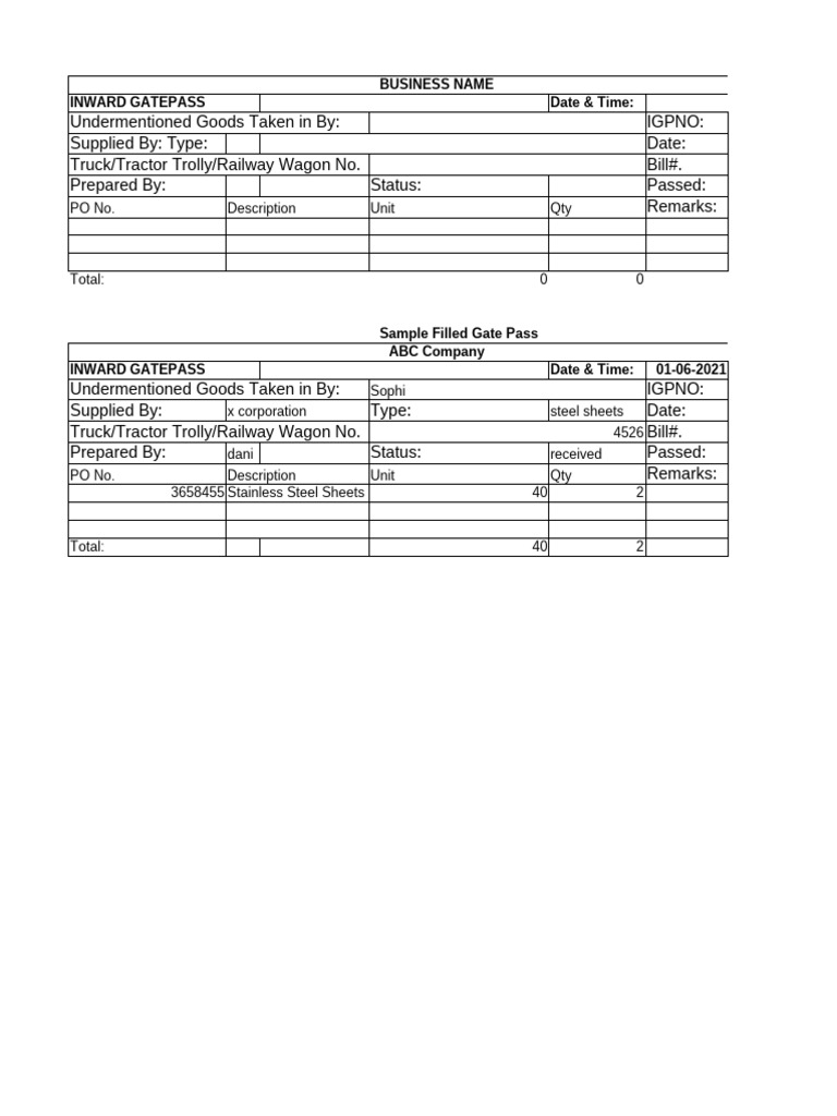 Inward Outward Gate Pass Format for Companies ERP etc in MS Excel