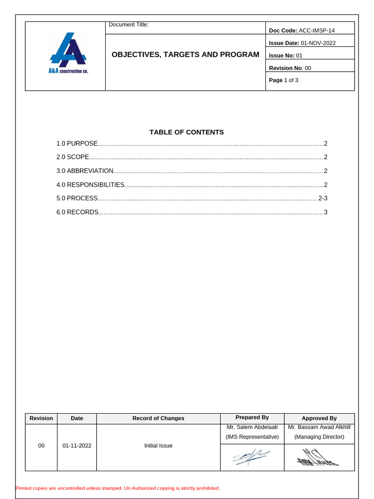 Procedure 14 - Objectives, Targets and Program | PDF