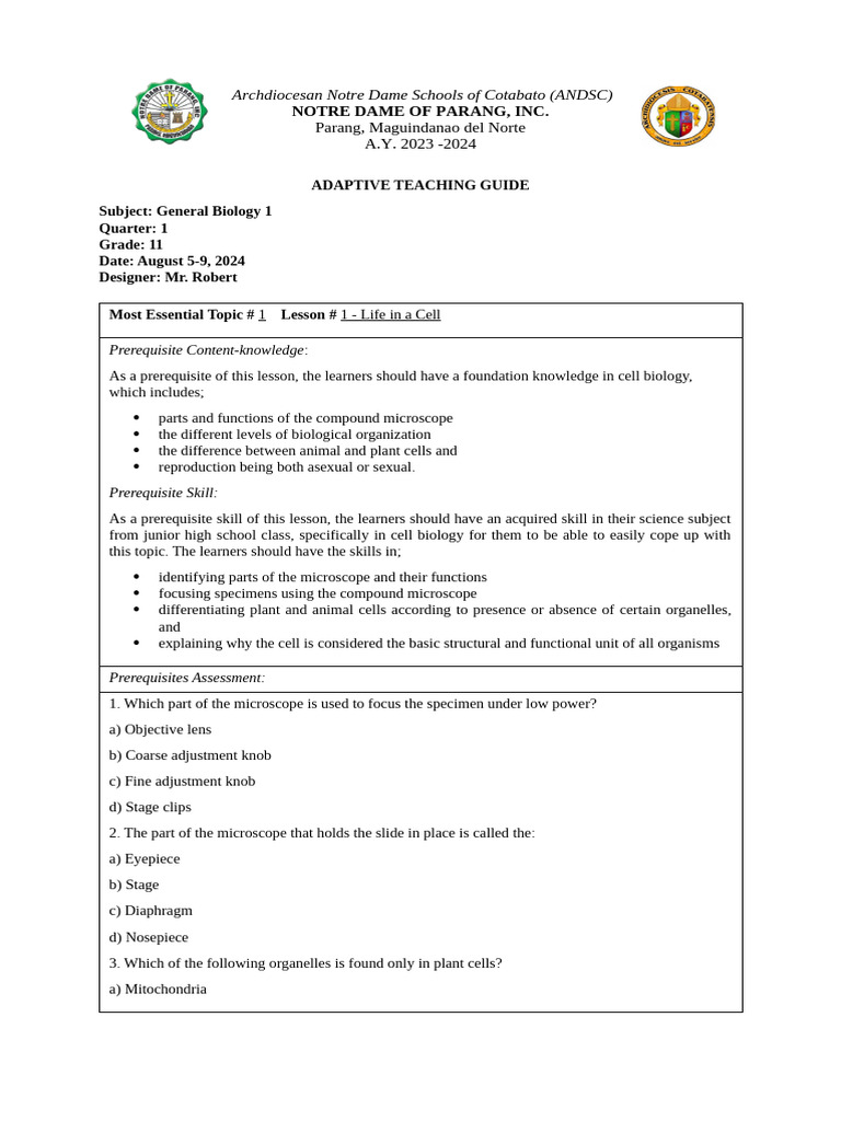 General Biology 1 Teaching Guide | PDF | Cell (Biology) | Science ...