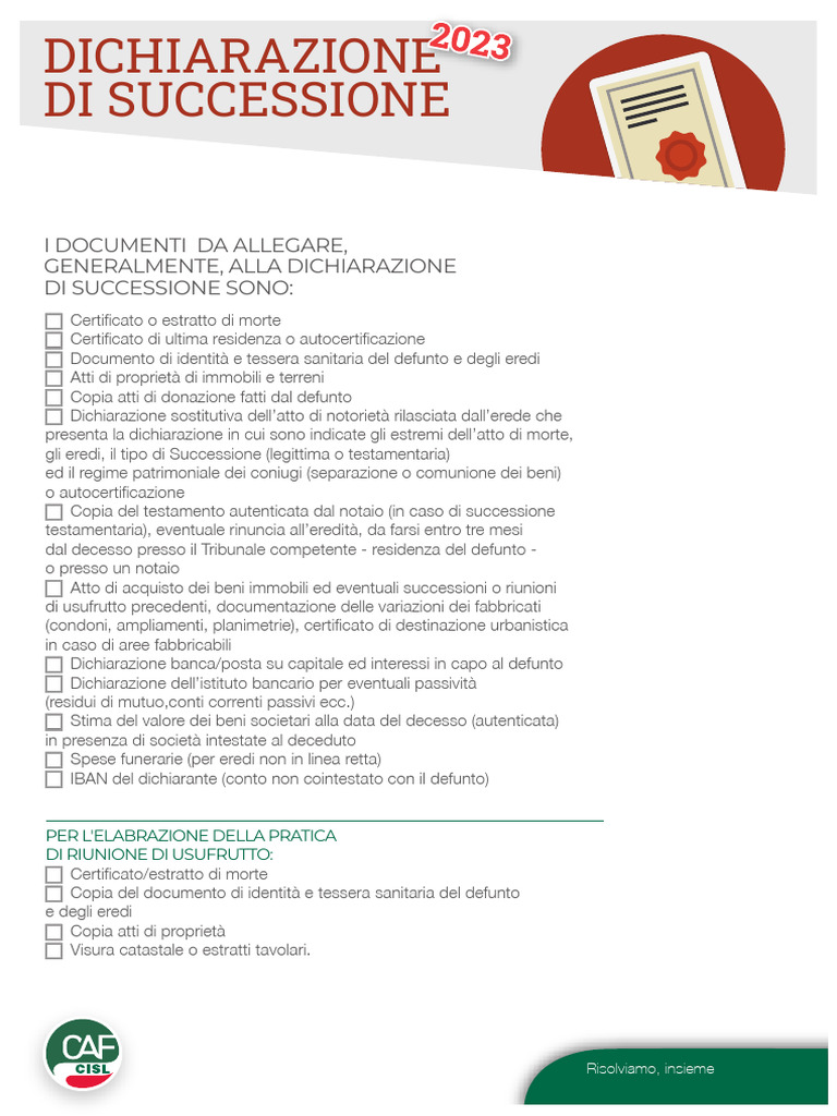 Caf Cisl Elenco Documenti Dichiarazione Di Successione 2023 | PDF