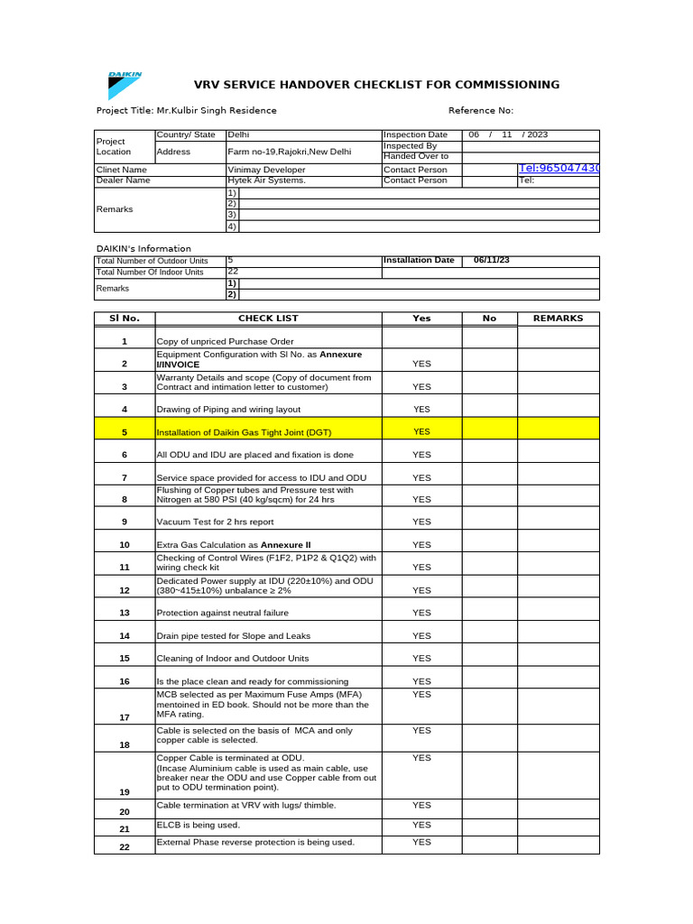 PRE-COMMISSIONING CHECKLIST,Rajokri Farrm | PDF