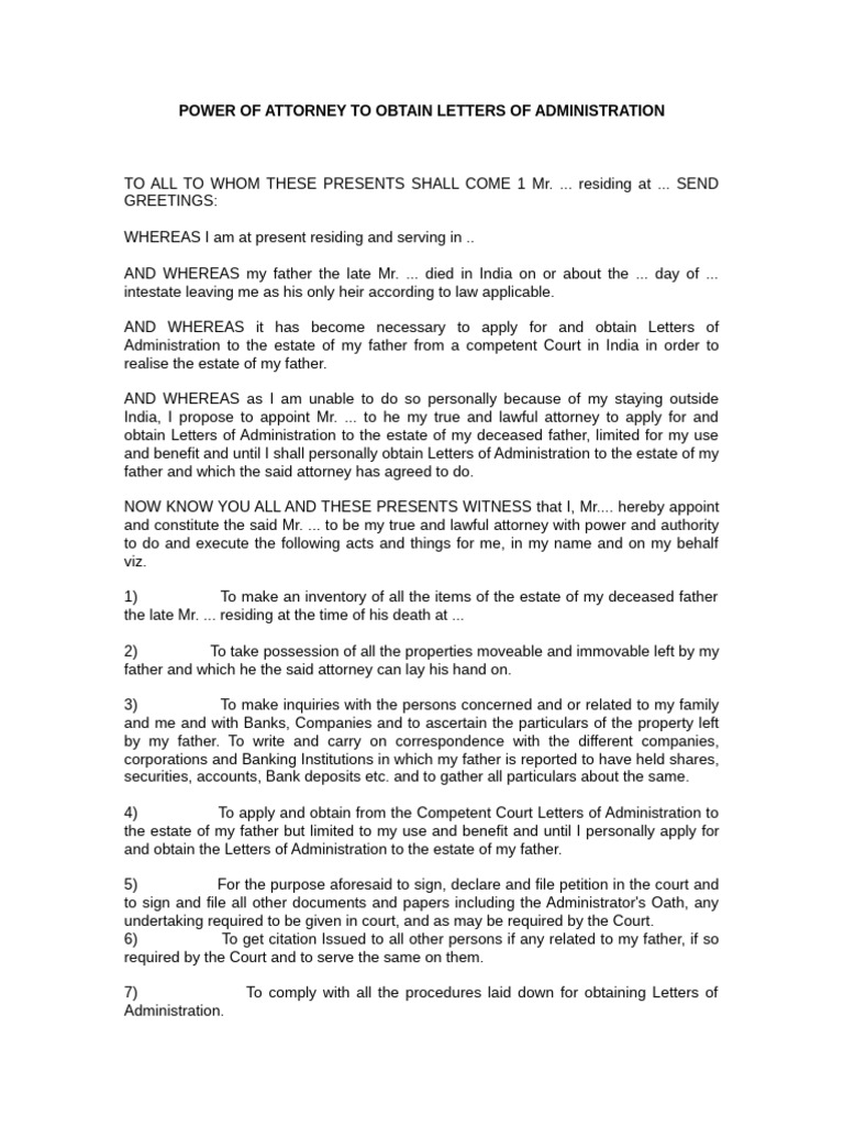 Power of Attorney To Obtain Letters of Administration | PDF