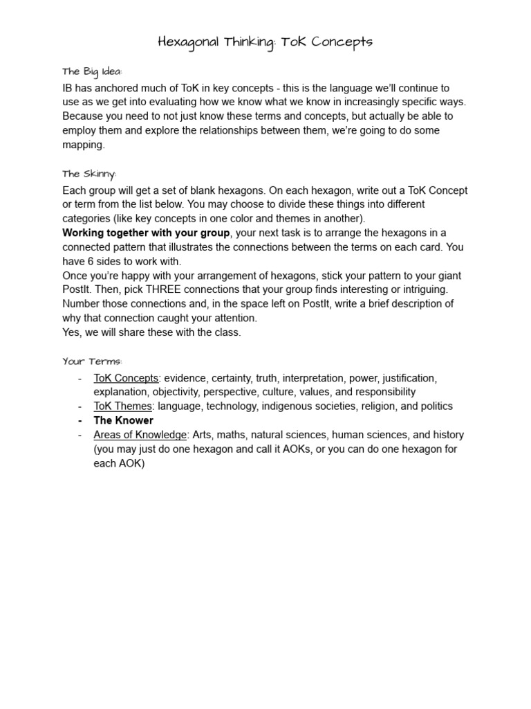 Hexagonal Thinking - ToK Concepts Starter | PDF
