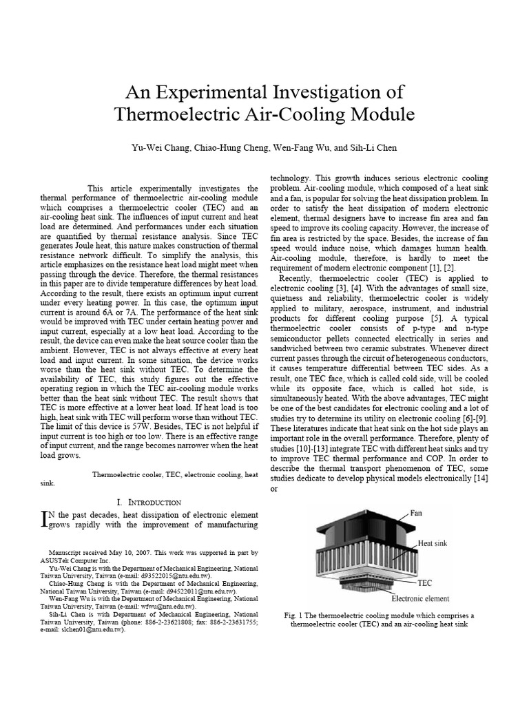 An Experimental Investigation of Thermoelectric Air Cooling Module | PDF