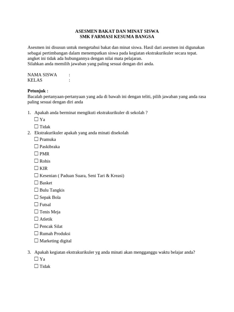 Asesmen Bakat Dan Minat Siswa Kelas X Pdf