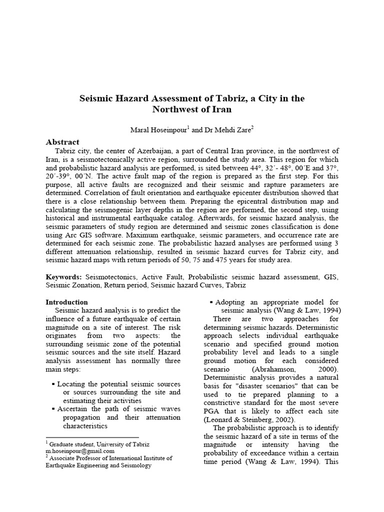 Seismic Hazard Assessment of Tabriz, A City in The Northwest of Iran | PDF