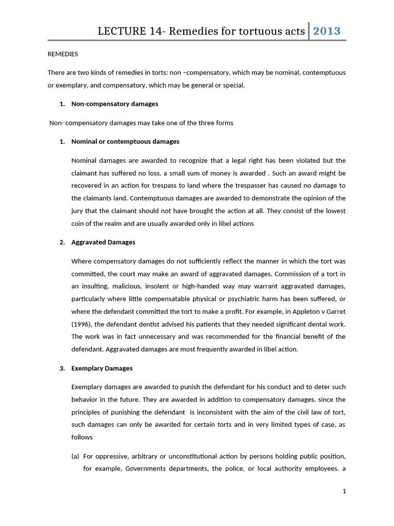 Remedies For Tortous Acts | PDF | Damages | Law