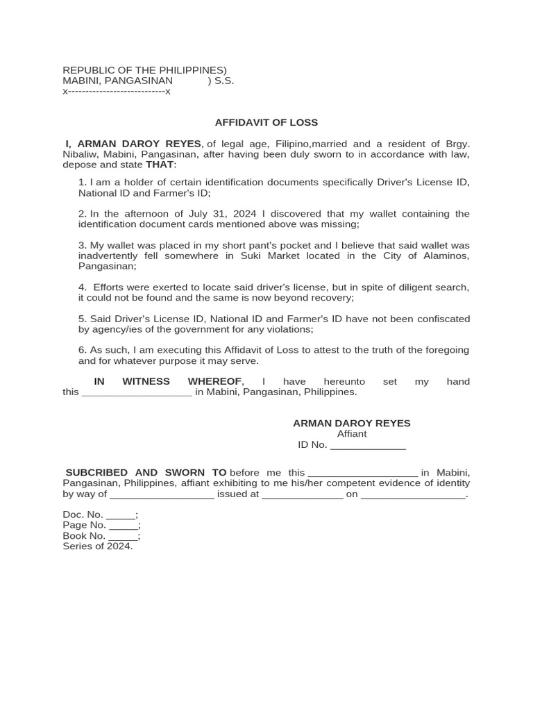 Affidavit of loss i arman daroy reyes of legal age filipino married