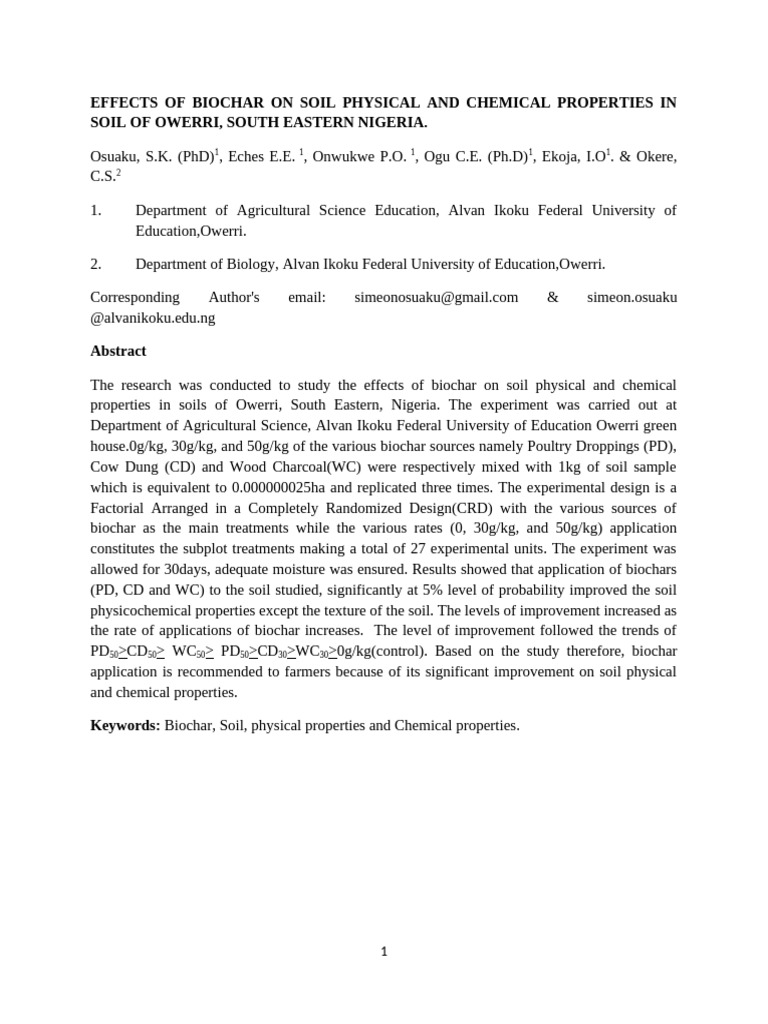 Biochar's Impact on Owerri Soil | PDF | Soil | Soil Fertility