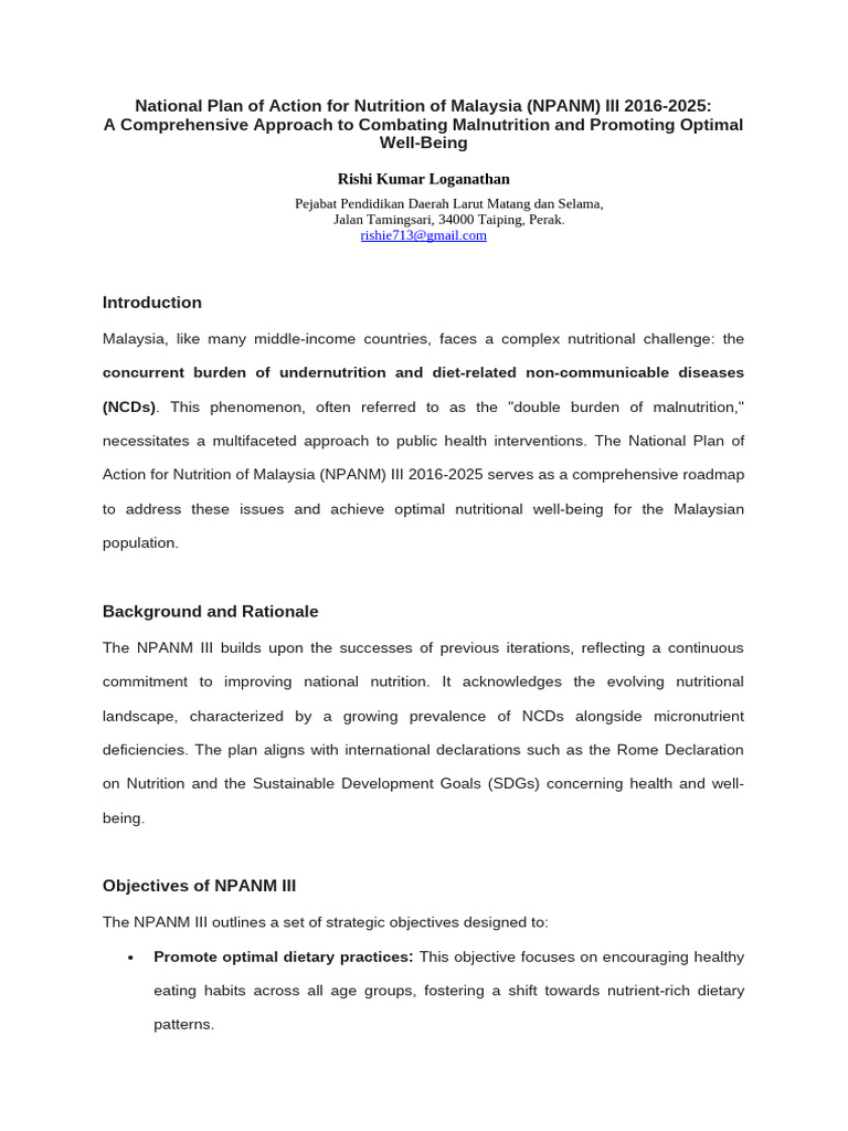 National plan of action for nutrition of malaysia pdf