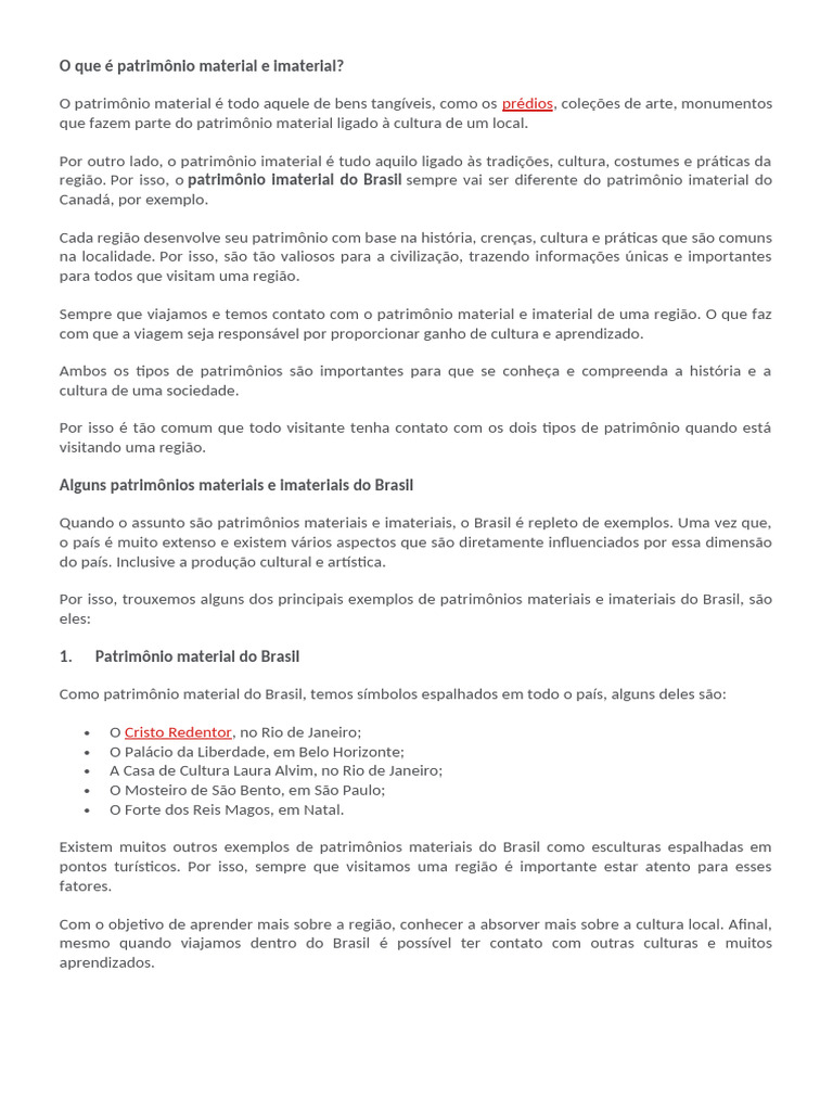 O Que É Patrimônio Material e Imaterial | PDF | Herança cultural | Brasil