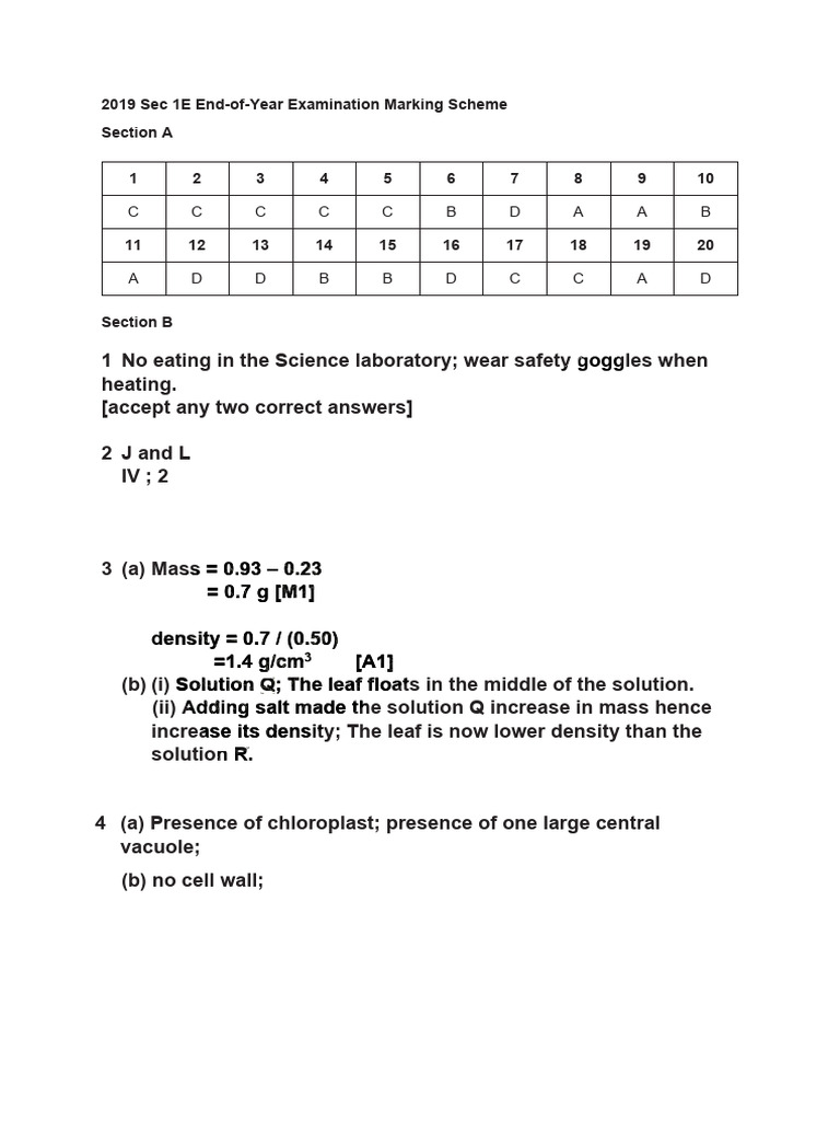 2019 Sec 1 Express Science SA2 Bartley Secondary Answer | PDF