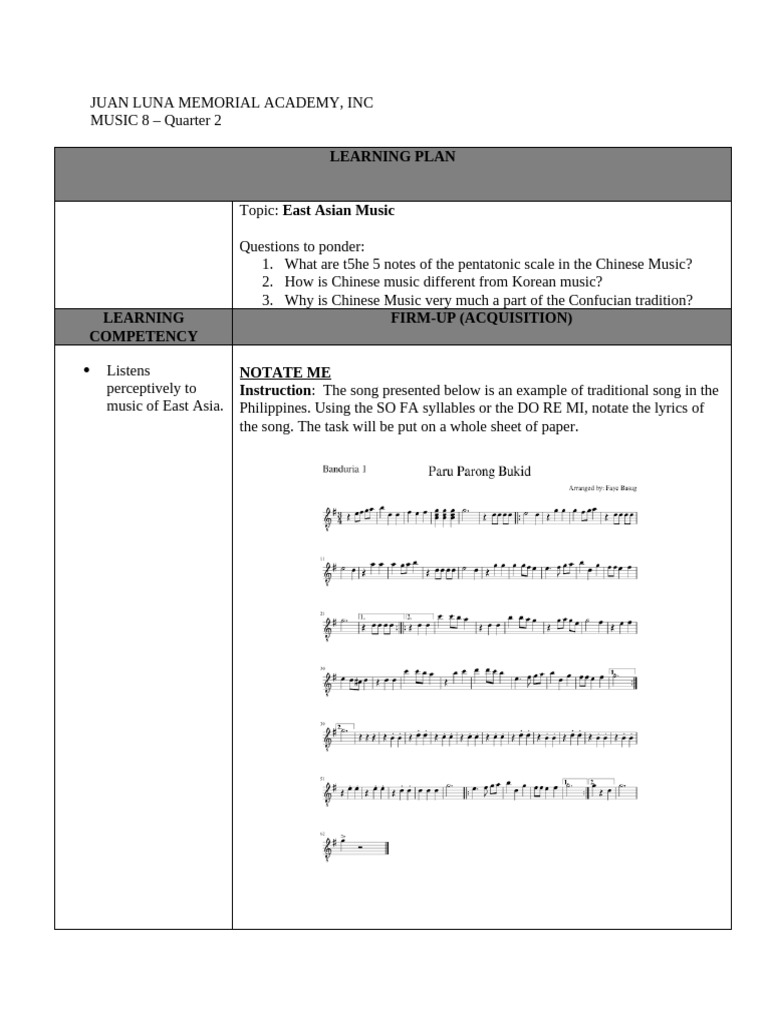 Learning Plan Music 8 | PDF