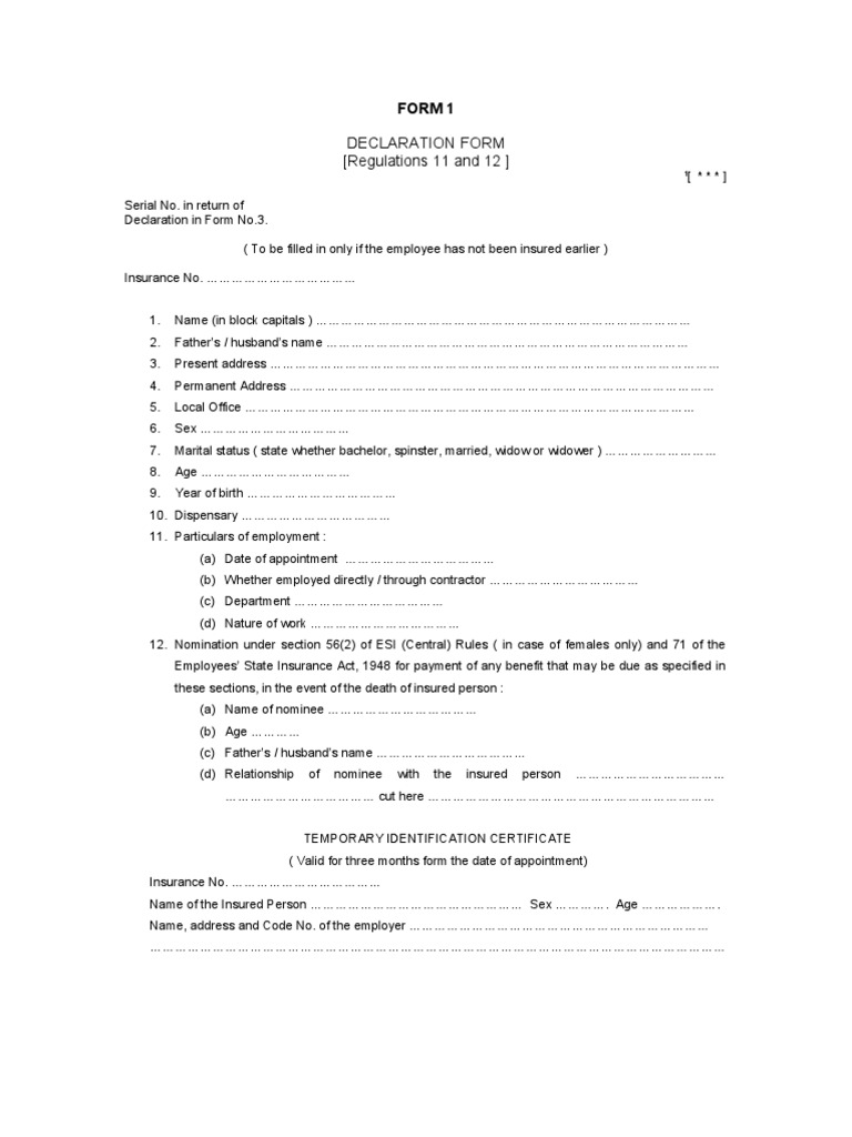ESIC Form 1 Declaration Overview | PDF | Finance & Money Management ...
