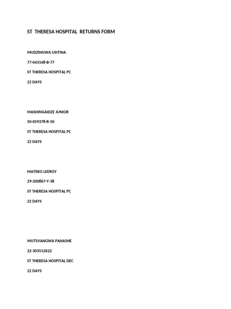 ST Theresa Hospital Returns Form | PDF
