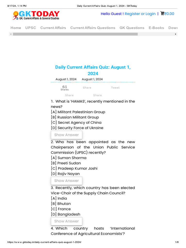 Daily Current Affairs Quiz - August 1, 2024 - GKToday | PDF