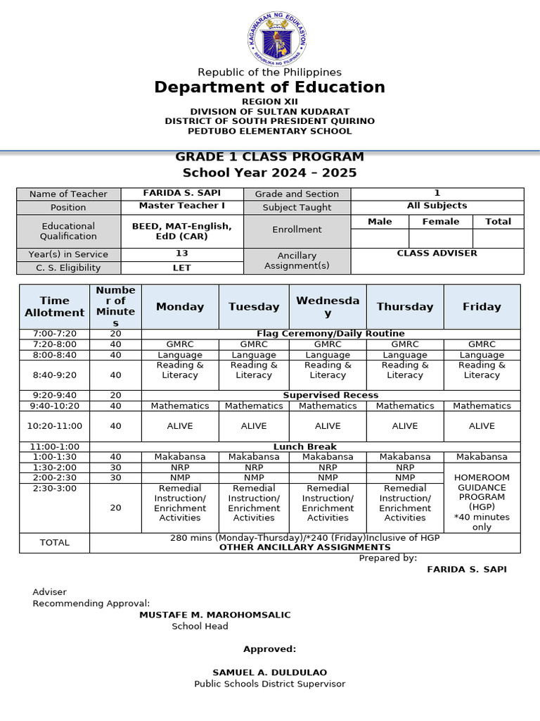 Grade 1 Class Program 2024-2025 | PDF | Learning | Behavior Modification