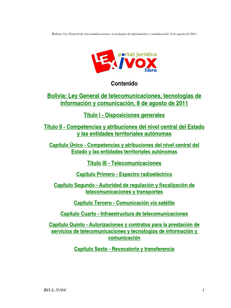 Ley 164 Telecomunicaciones | PDF | Telecomunicaciones | Streaming Media