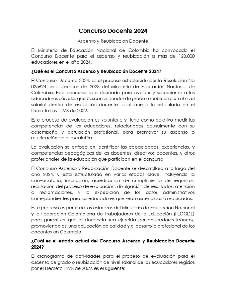 Concurso Ascenso Docente 2024 en Colombia | PDF | Maestros | Evaluación