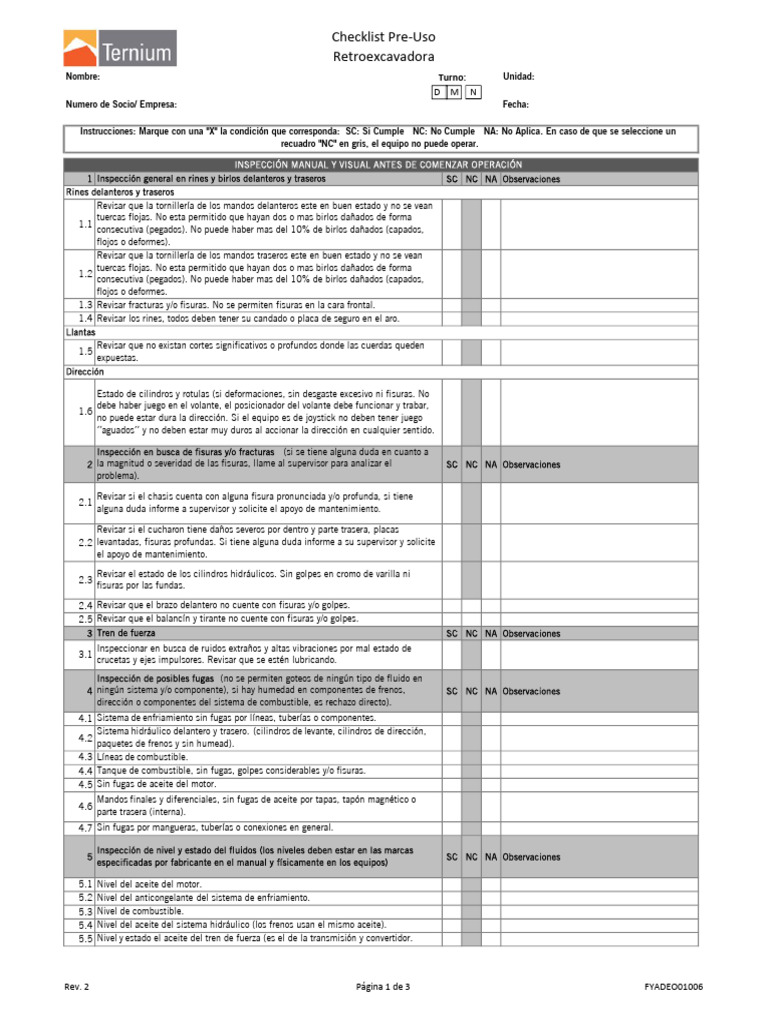 FYADEO01006 - 2 Check List Pre Uso de Retroexcavadora | PDF