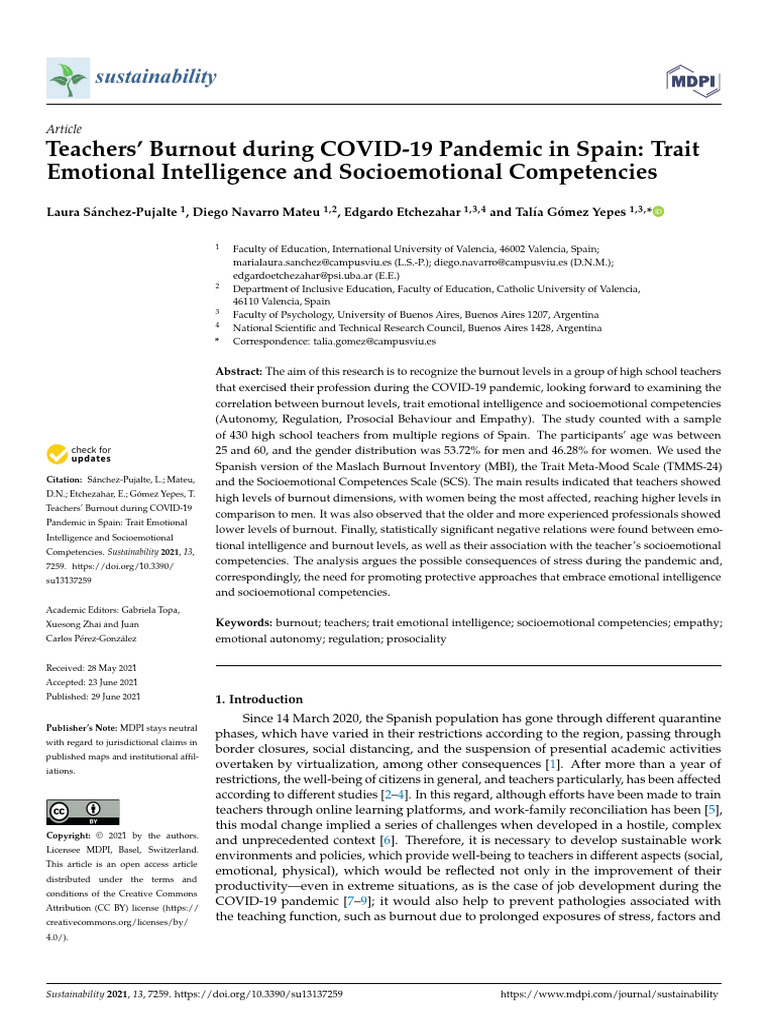 Teachers' Burnout During COVID-19 Pandemic in Spain | PDF