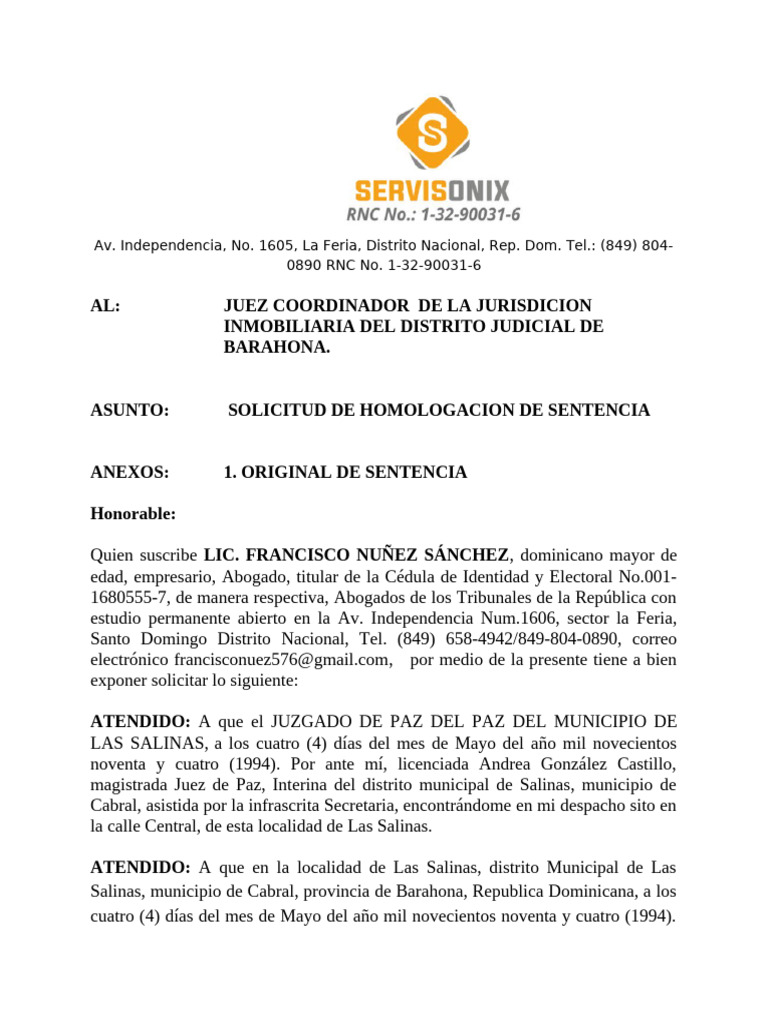 Solicitud de Homologación de Sentencia | PDF | Sentencia (ley ...