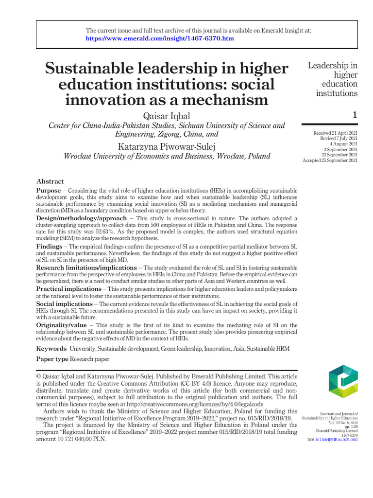 Sustainable Leadership in Higher Education Institutions - Social ...