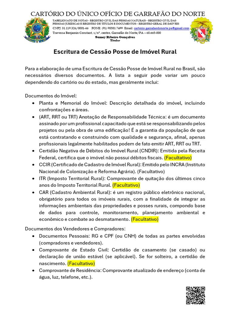 Checklist Escritura de Cessão Posse de Imóvel Rural | PDF