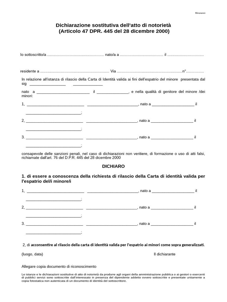 Dichiarazione Sostitutiva Atto Notorio Carta Di Identita Minorenni | PDF