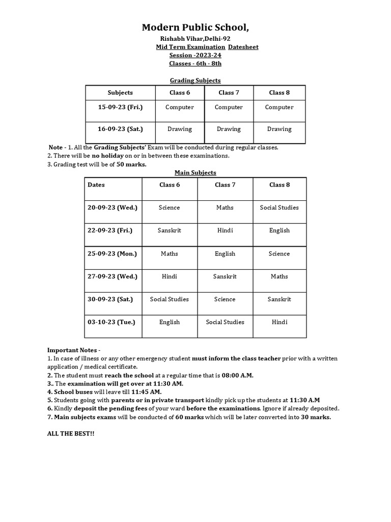 Mid Term Exam Date Sheet Class 6 To 8 | PDF