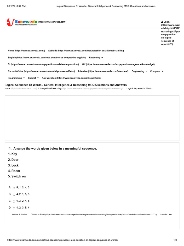 Logical Sequence Of Words - General Inteligence & Reasoning MCQ ...