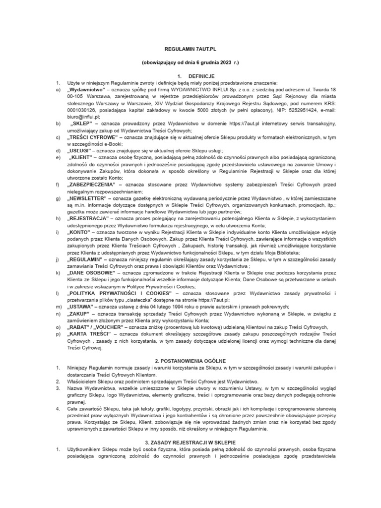 7AUT Regulamin Sklepu | PDF