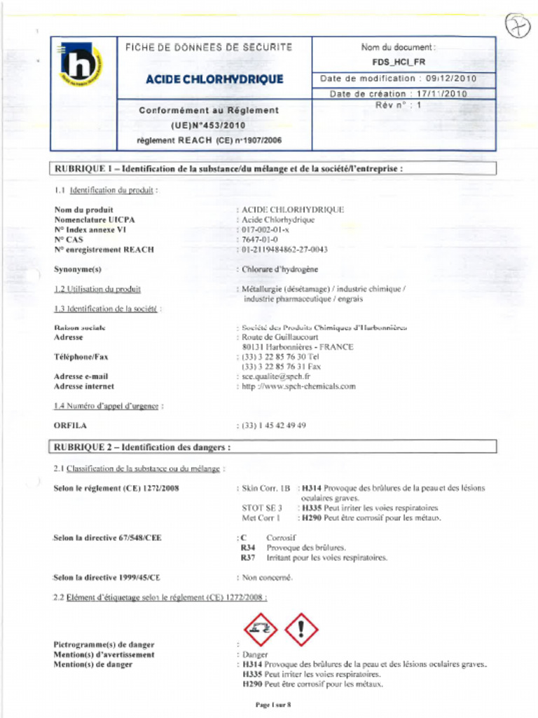 FDS Acide Chlorhydrique | PDF