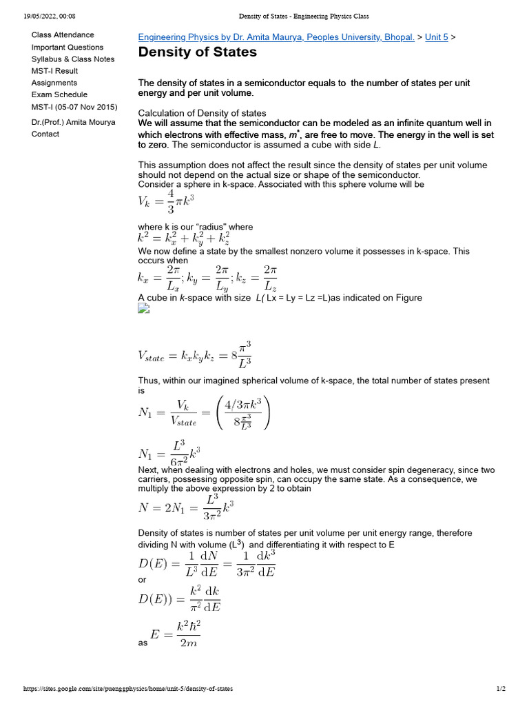 Density of States - Engineering Physics Class | PDF